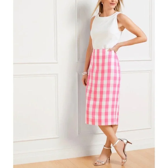 Talbots Pink White Gingham Check Pencil Skirt Size 16 Lined Back Vent Midi - Picture 1 of 10